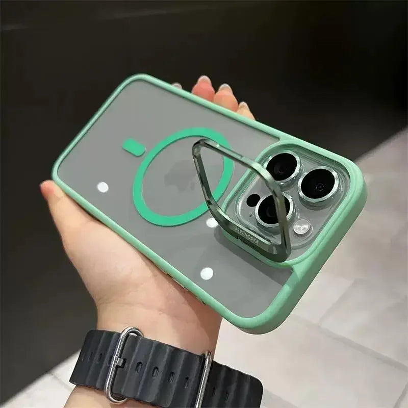 Magnetic Lens Metal Ring Stand Phone Case For IPhone 16 11 12 14 15 Pro Max Lens Glass Film Protection Transparent Magsafe Cover