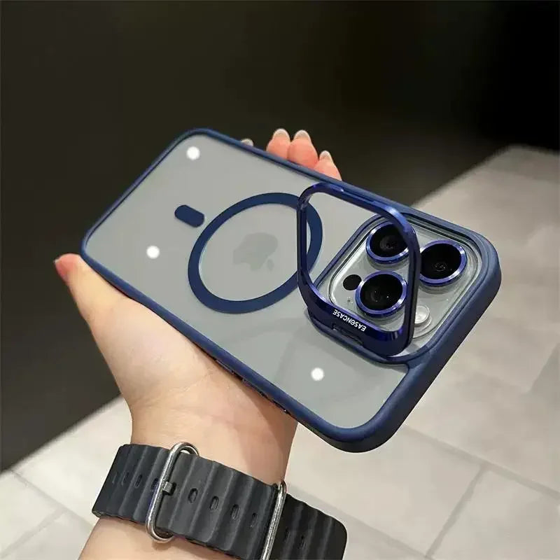 Magnetic Lens Metal Ring Stand Phone Case For IPhone 16 11 12 14 15 Pro Max Lens Glass Film Protection Transparent Magsafe Cover