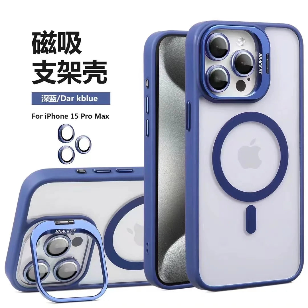 Magnetic Lens Metal Ring Stand Phone Case For IPhone 16 11 12 14 15 Pro Max Lens Glass Film Protection Transparent Magsafe Cover 1