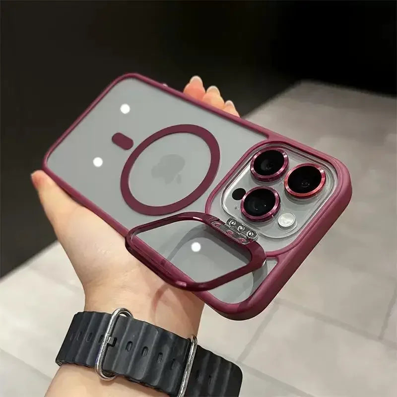 Magnetic Lens Metal Ring Stand Phone Case For IPhone 16 11 12 14 15 Pro Max Lens Glass Film Protection Transparent Magsafe Cover