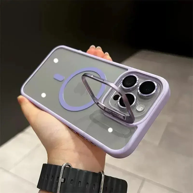 Magnetic Lens Metal Ring Stand Phone Case For IPhone 16 11 12 14 15 Pro Max Lens Glass Film Protection Transparent Magsafe Cover