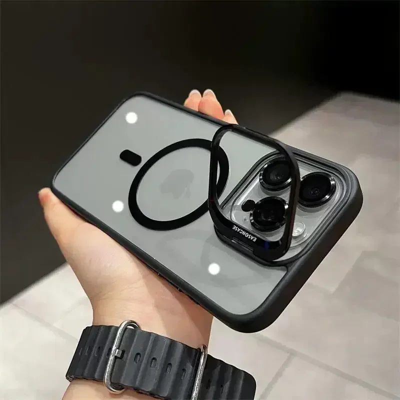 Magnetic Lens Metal Ring Stand Phone Case For IPhone 16 11 12 14 15 Pro Max Lens Glass Film Protection Transparent Magsafe Cover