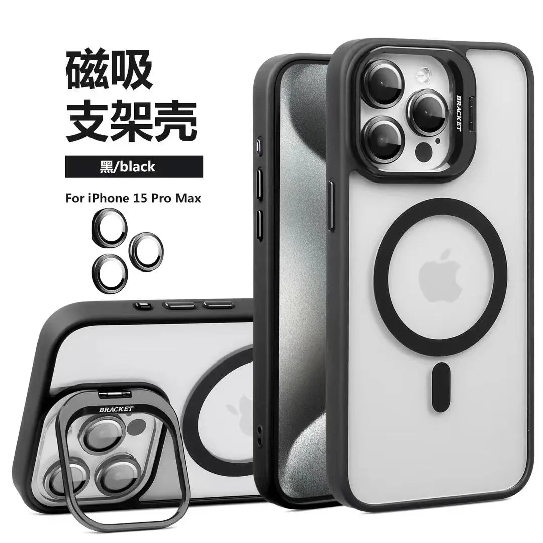 Magnetic Lens Metal Ring Stand Phone Case For IPhone 16 11 12 14 15 Pro Max Lens Glass Film Protection Transparent Magsafe Cover 1