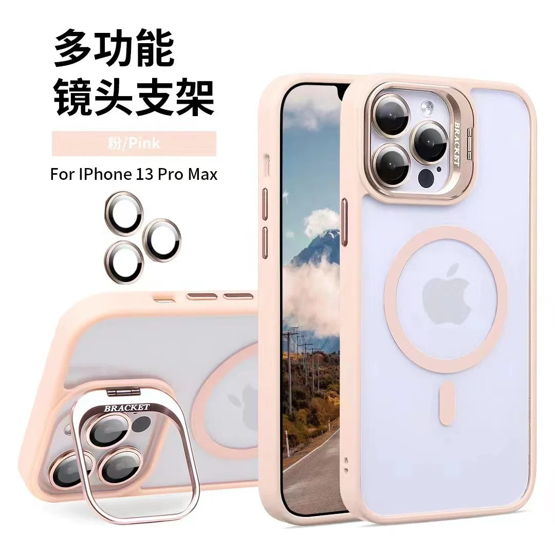 Magnetic Lens Metal Ring Stand Phone Case For IPhone 16 11 12 14 15 Pro Max Lens Glass Film Protection Transparent Magsafe Cover 1