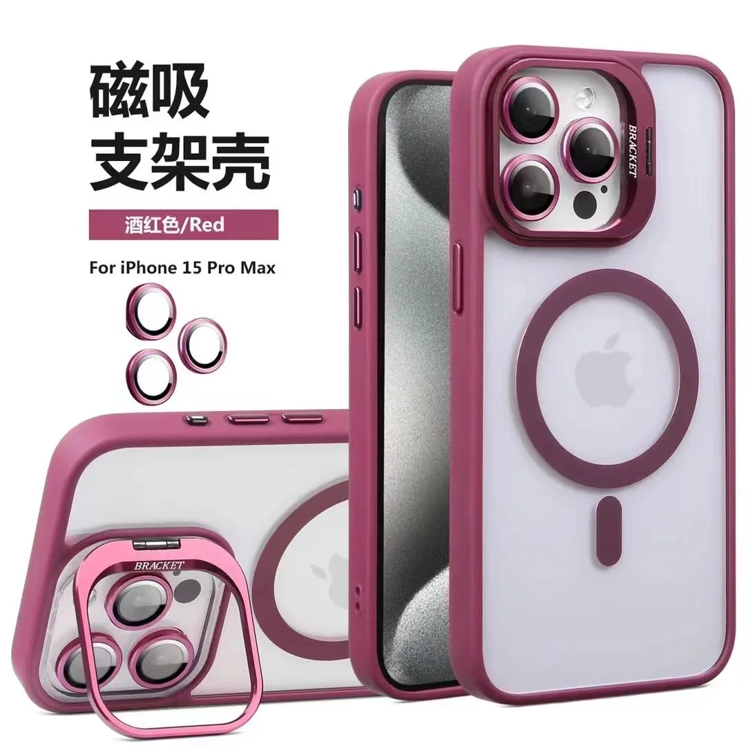 Magnetic Lens Metal Ring Stand Phone Case For IPhone 16 11 12 14 15 Pro Max Lens Glass Film Protection Transparent Magsafe Cover 1