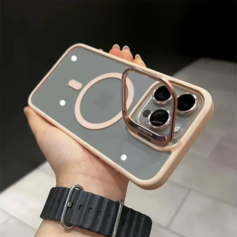 Magnetic Lens Metal Ring Stand Phone Case For IPhone 16 11 12 14 15 Pro Max Lens Glass Film Protection Transparent Magsafe Cover