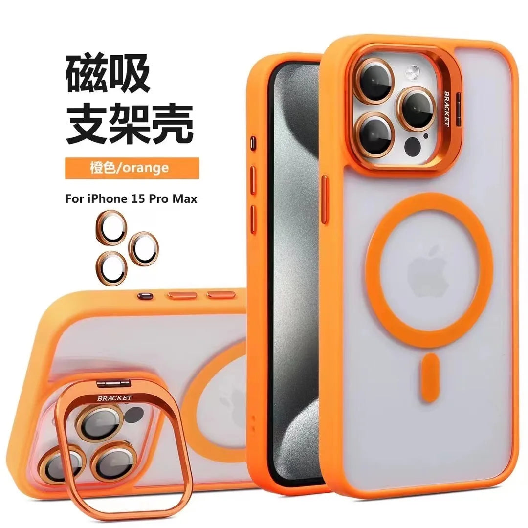 Magnetic Lens Metal Ring Stand Phone Case For IPhone 16 11 12 14 15 Pro Max Lens Glass Film Protection Transparent Magsafe Cover 1