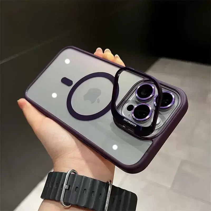 Magnetic Lens Metal Ring Stand Phone Case For IPhone 16 11 12 14 15 Pro Max Lens Glass Film Protection Transparent Magsafe Cover