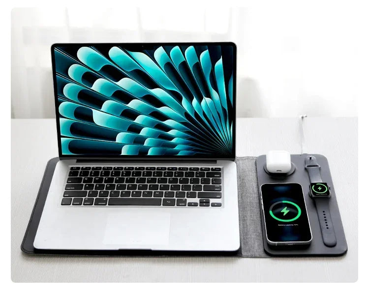 Laptop Sleeve Luxurious Leather Wireless Charging Magnetic Suction 5-in-1 Wireless Charger 15W Convenient Wireless Fast Charging