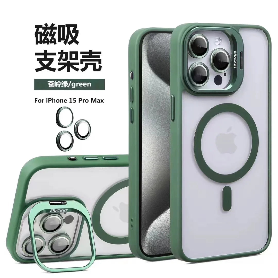 Magnetic Lens Metal Ring Stand Phone Case For IPhone 16 11 12 14 15 Pro Max Lens Glass Film Protection Transparent Magsafe Cover 1