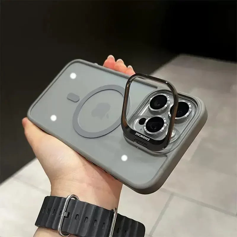 Magnetic Lens Metal Ring Stand Phone Case For IPhone 16 11 12 14 15 Pro Max Lens Glass Film Protection Transparent Magsafe Cover